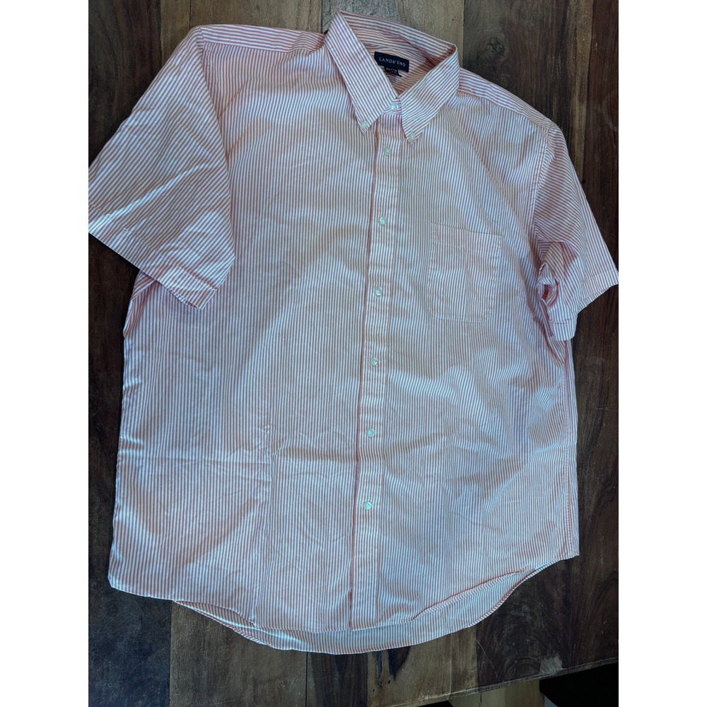 LANDS' END button down shirt mens XL orange white pinstripe short sleeve cotton - Picture 10 of 14